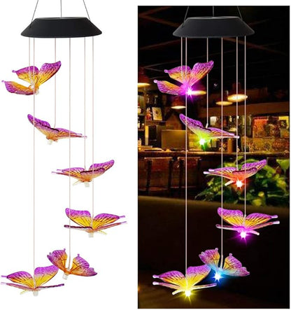Solar Butterfly Wind Chime Color Changing Outdoor Garden Decorative Lights for Walkway Pathway Backyard Christmas Decoration Parties (Purple, 25x5x5 inches)