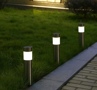 Solar Garden Lights Outdoor Solar Powered Landscape Path Light Stainless Steel Bollard Decorative Lighting Waterproof Solar Stake Light for Garden Lawn Patio Yard Path Walkway,White,4 Pack