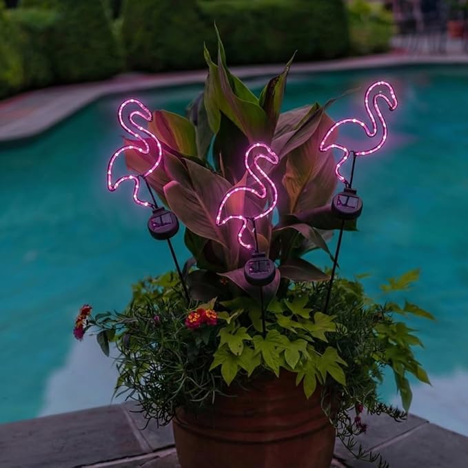 2 Packs Solar Neon-Like Metal Frame Pink Flamingo Stake Light - Outdoor, Pathway, Landscape Light for Lawn, Patio, Garden Or Outdoor Living Area - 28 Inches Tall