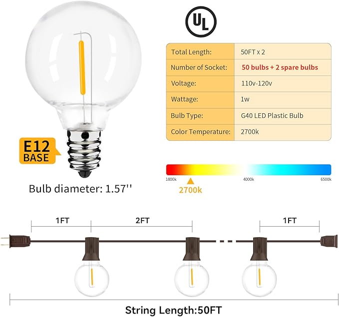 100ft 2-Pack Outdoor String Lights,Dimmable G40 LED String Lights with 52 Shatterproof Clear Bulbs UL Approval | Lumora