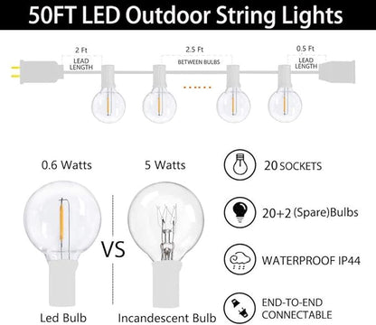 50Ft LED Outdoor String Lights with 22 G40 LED Shatterproof Globe Bulbs(2 Spare), Connectable Hanging Outdoor Patio Lights for Backyard Garden Porch Party Decorations, White