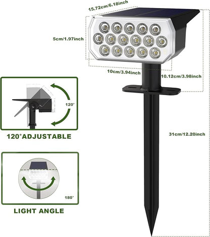 Solar Spot Lights Outdoor Waterproof, 16 LED High Brightness Solar Lights Outdoor, 2 Pack 2-in-1 Landscape Lighting for Yard Garden, 1800mAh Cool White, 3 Modes Solar Lights IP65