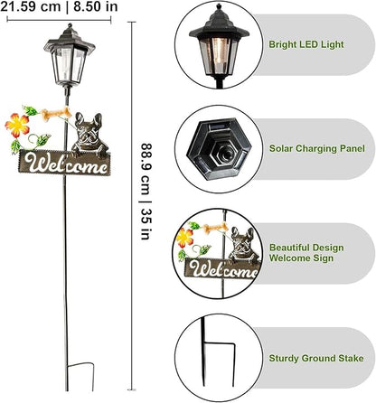 Crosslight Solar LED French Bulldog Welcome Sign - Weatherproof Garden Stake Light for Outdoor Decoration - Decor for Yard, Lawn, Patio, Pathway, Backyard | Warm White