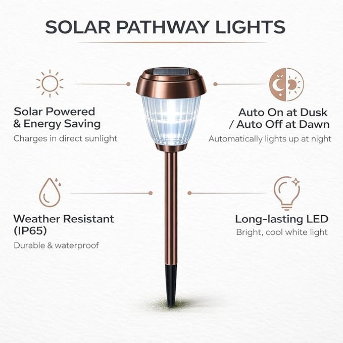 8 Pack Solar Pathway Lights Outdoor, IP65 Waterproof Dusk to Dawn Warm White Landscape Lighting - Stainless Steel Glass Garden Yard Walkway Lights