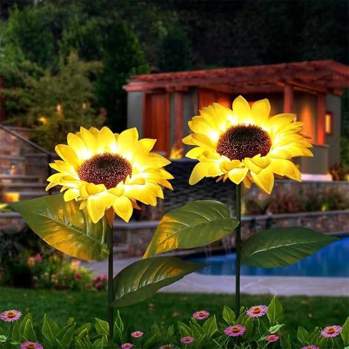 2 Pack Solar Garden Stake Lights, Outdoor Sunflower LED Solar Powered Lights for Patio Lawn Garden Yard Pathway Decoration (Sunflower Warm White)