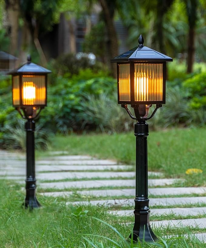 Solar Pathway Light Vintage Square Landscape Path Light Black Aluminum Bollard Lantern Solar Waterproof LED Bollard Lighting Fixture for Courtyard Garden Lawn Porch Patio