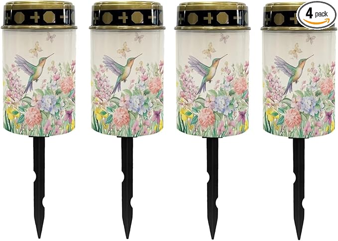 Poceacles Solar Lights Waterproof Solar Garden Lights Cemetery Solar Outdoor Lights Outdoor Stake Automatic Solar Lantern for Cemetery Grave Decoration, Hummingbird Flower Butterfly, Pack of 4
