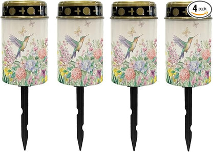 Poceacles Solar Lights Waterproof Solar Garden Lights Cemetery Solar Outdoor Lights Outdoor Stake Automatic Solar Lantern for Cemetery Grave Decoration, Hummingbird Flower Butterfly, Pack of 4