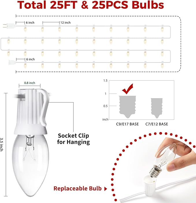 Brightown 25 Feet C9 Bulb String Lights Outdoor White Christmas Lights for Outdoor Patio Room Christmas Party Backyard Decoration,Warm White, Clear Glass