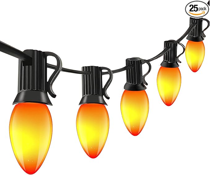 Abeja C7 Orange LED String Lights 25Ft Outdoor Orange String Lights with 27 Ceramic Orange Bulbs (2 Spare), Hanging Halloween Decorations Lights for Home Yard Camper Party Lights