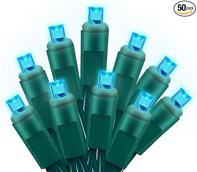 25ft 50 Counts Aqua LED Christmas Lights - Commercial Grade Outdoor Waterproof, Wide Angle Green Wire, Xmas Tree Lights, IP65, UL Listed