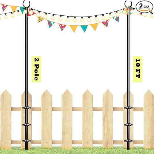 10ft String Light Poles for Outdoors, Outside Light Poles for Deck, Fence, Backyard, Patio, Outdoor Lighting, Matte Black, 2 Packs