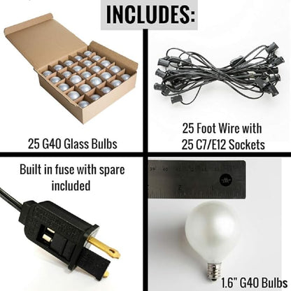 Hometown Evolution, Inc. White Pearl Outdoor Patio Globe String Lights (25 Foot, G40 White Pearl 1.6 Inch Bulbs +1 Free Spare - Black Wire)