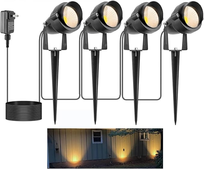 Warm White Spot Light for Yard, Outdoor Spotlights Metal Case Landscape Lights IP65 Waterproof Uplights with Spiked Stand for Garden Lawn Pathway Front Porch Bushes (4 Lights)