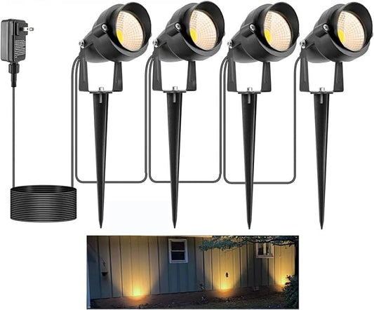 Warm White Spot Light for Yard, Outdoor Spotlights Metal Case Landscape Lights IP65 Waterproof Uplights with Spiked Stand for Garden Lawn Pathway Front Porch Bushes (4 Lights)
