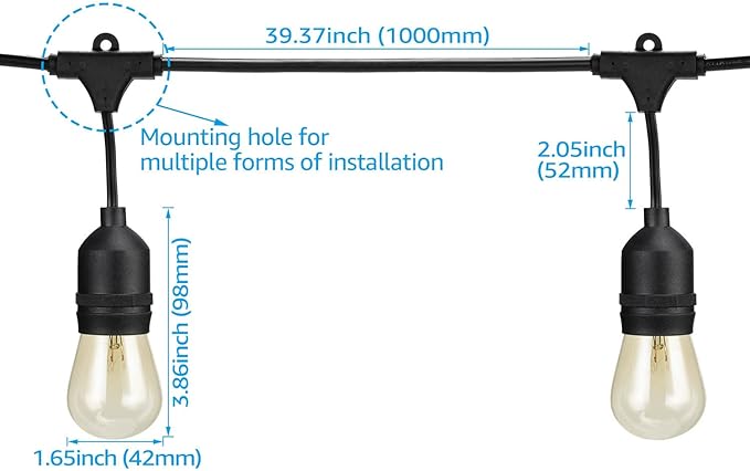 TORCHSTAR 50ft LED Outdoor String Lights, Extendable Vintage Retro Bulb Lighting, Hanging Light for Festivals, Events, 24 Sockets with Extra 12 Bulbs, Weatherproof Patio Grade, Garden, Balcony