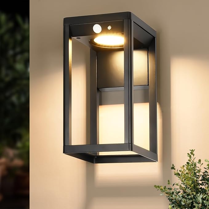 Solar Outdoor Wall Light with Motion Sensor - 600 Lumen Aluminum Solar Sconce Lights Outdoor, Dusk to Dawn Wall Lantern for Garage, Porch, Front Door. IP44 Waterproof, Black