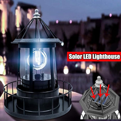 LED Solar Rotating Lighthouse Light for Outdoor Garden Decoration - Lantern for Pathway, Patio, Courtyard (Black)
