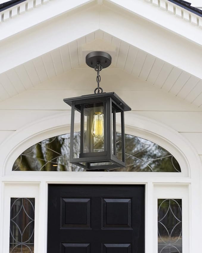Beionxii Outdoor Pendant Light for Porch, Large Exterior Hanging Lantern Outside Chandelier Black Cast Aluminum w/Clear Glass (13.5" x 9") - A197H-1PK