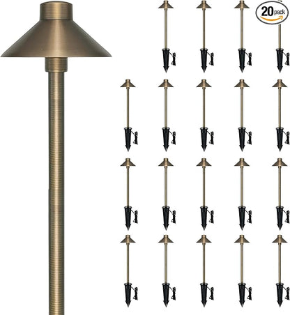 GKOLED Solid Brass Pathway Lights, Low Voltage LED Landscape Path Light, Outdoor Waterproof Accent Lighting, 12V AC/DC, 2700K Warm White, with 3W G4 LED Bulb & Large Rugged Slot Spike, 20 Pack