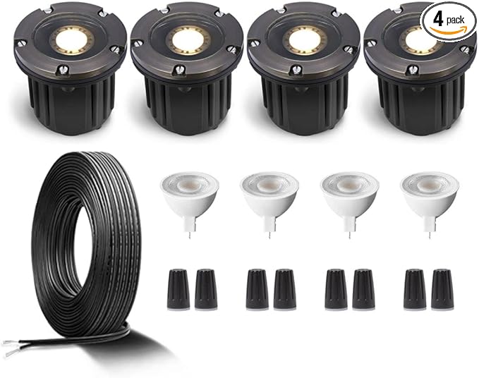 Gardenreet Brass Low Voltage Well Lights Kit(4 Pack) with MR16 Bulb & 100Feet Wire & Connectors, 12V AC/DC LED In | Lumora