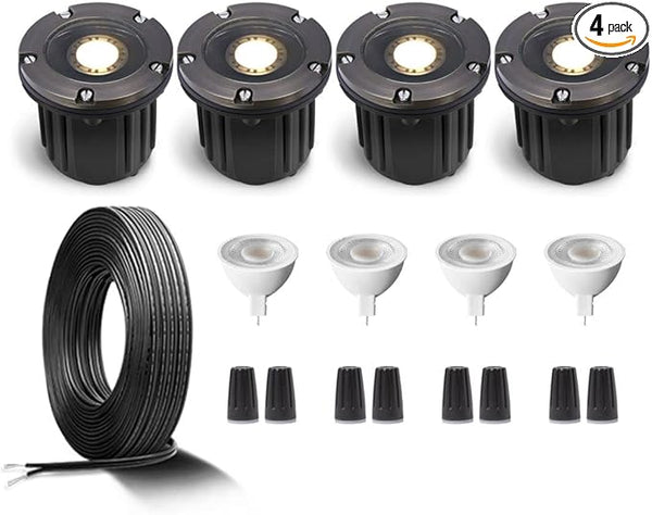 Gardenreet Brass Low Voltage Well Lights Kit(4 Pack) with MR16 Bulb & 100Feet Wire & Connectors, 12V AC/DC LED In | Lumora