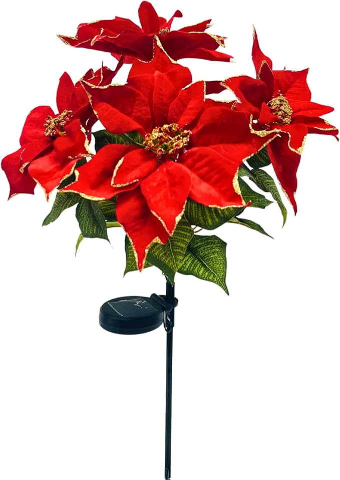 Waterproof Solar Poinsettia Flowers Lights - Landscape Lighting Stakes With 50 LED for Christmas Pathway Garden Yard Lawn Outdoor Decoration