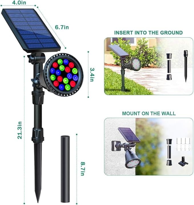 Solar Spot Lights Outdoor, 9 Color Modes, 18 LED Spotlight, 600LM Landscape Lights, Solar Powered for Garden, Yard | Lumora
