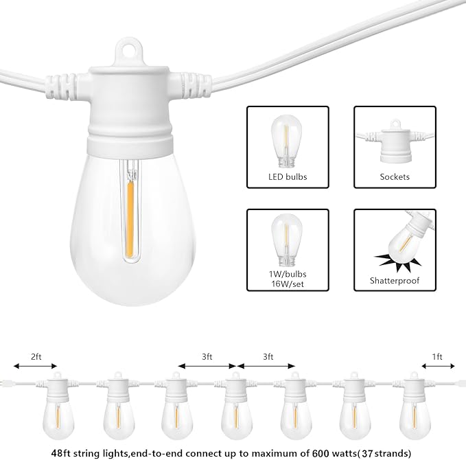 SUNTHIN White String Lights, 48ft White Outdoor Lights with 16 1W Shatterproof LED Bulbs for Patio, Garden | Lumora