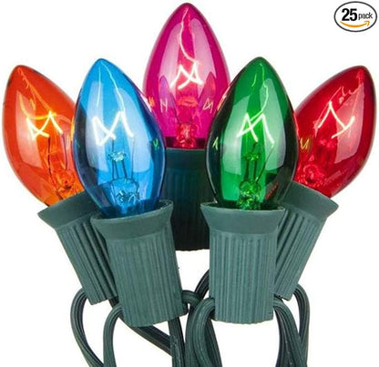 C7 Christmas Lights Outdoor, 25Ft Vintage Christmas String Lights with 27 Multicolor Clear Bulbs, Hanging Christmas Decorations Lights for Xmas Tree Roofline House Garden Patio Yard-Green