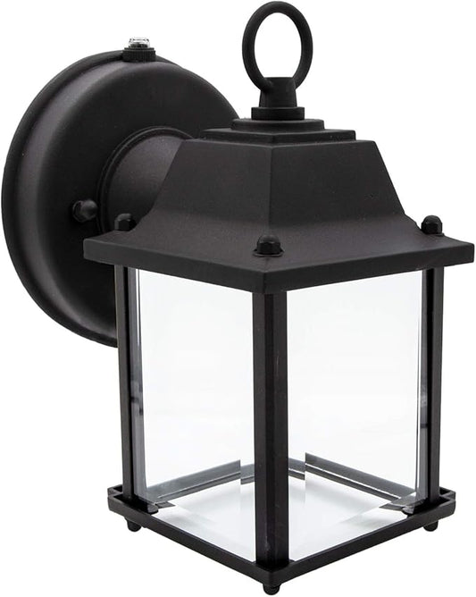 Maxxima LED Porch Lantern Outdoor Wall Light - Features Clear Glass, 3000K Warm White, 650 Lumens, Dusk to Dawn Photocell Light Sensor, Patio or Porch Sconce Fixture for Exterior Lighting - Black