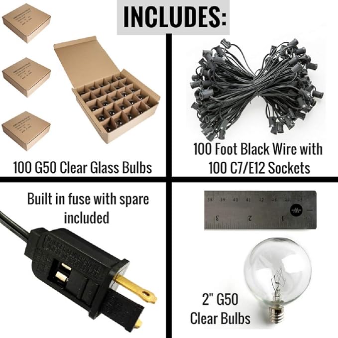 Hometown Evolution, Inc. 100 Foot Outdoor String Lights - 105 G50 Clear 2" Bulbs (5 Extra) - Black Wire - Globe | Lumora