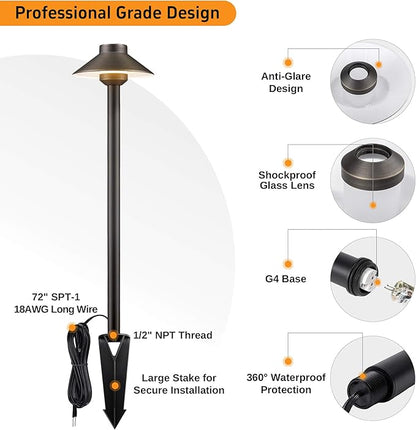 Gardenreet Outdoor Brass Pathway Lights - Low Voltage Landscape Path Lighting Wired, 12v Pathlight LED IP65 Waterproof, Hat-top Bronze for Outside Walkway Yard with 3W 270LM 2700K Warm White G4 Bulb