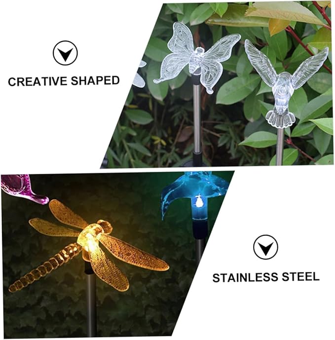 ARTIBETTER 2pcs Solar Stick Lamps Dragonfly Hummingbird LED Lawn Lights Solar Garden Decor Pathway Outdoor Landscape Lighting Energy Saving