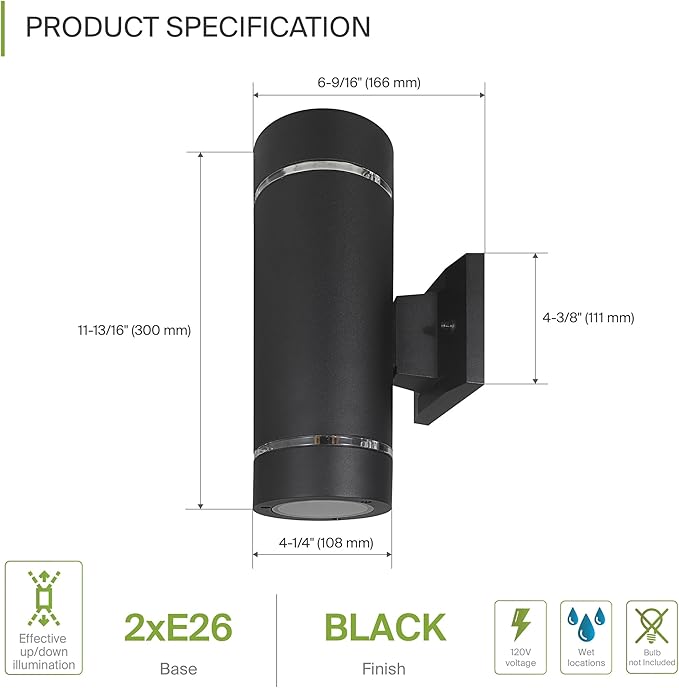 ASD 2 Light Outdoor Wall Light Fixture | 120W E26 Bulb Socket 120V ETL Cylinder Up Down Lights | | Lumora