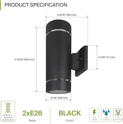 ASD 2 Light Outdoor Wall Light Fixture | 120W E26 Bulb Socket 120V ETL Cylinder Up Down Lights | LED/CFL/Incandescent Bulb Exterior Wall Sconce | Front Door, Porch Patio | Ringed Black, 6 Pack