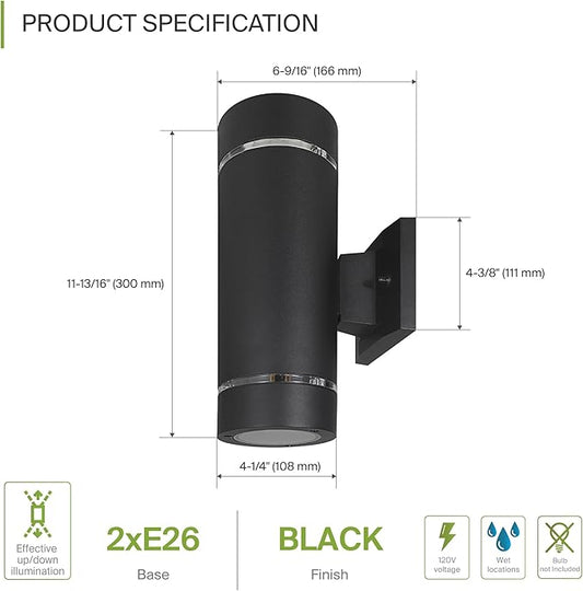 ASD 2 Light Outdoor Wall Light Fixture | 120W E26 Bulb Socket 120V ETL Cylinder Up Down Lights | LED/CFL/Incandescent Bulb Exterior Wall Sconce | Front Door, Porch Patio | Ringed Black, 6 Pack