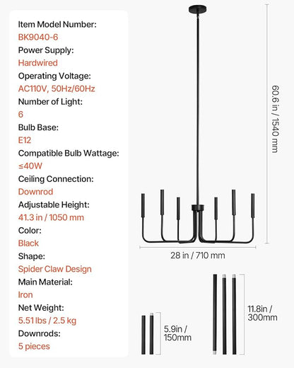 VEVOR 6-Light Chandelier, Metal Farmhouse Chandelier, Adjustable Height, Dining Room Hanging Light Fixture for Ceilings, Modern Chandelier for Bedroom, Foyer, Hall, Kitchen, Living Room and Entryway