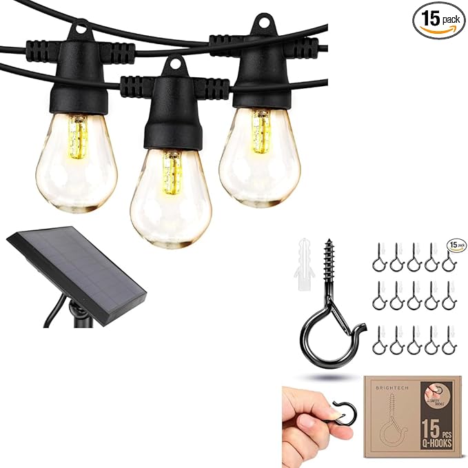 Brightech Bundle: 15 Hooks Ambience Pro Solar Powered Outdoor String Lights, 48 ft Commercial Grade Waterproof Patio Lights, 15 Edison Bulbs, Shatterproof LED String Lights for Outside, Porch - 1