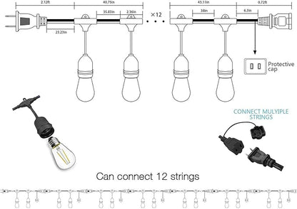 Banord Outdoor String Lights Commercial Grade 96ft Waterproof with 30 S14 Shatterproof Dimmable LED Bulbs, Heavy Duty Hanging Lights for Patio Garden Backyard Decoration, 2W 2x48ft Strands