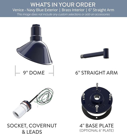 Steel Lighting Co. Venice Store Sign Light | for Outdoor Restaurant Accent Wall | 9 inch Dome | 6" Straight Arm | Made in America | Navy Blue Exterior/Brass Interior