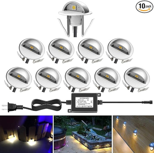 LED Outdoor Deck Lights Kit, 12V Low Voltage 10 Pack IP65 Waterproof Small In-Ground Recessed Step Deck Lighting with Transformer Pathway Outdoor Landscape Decoration Lamps(Warm White, Silver)