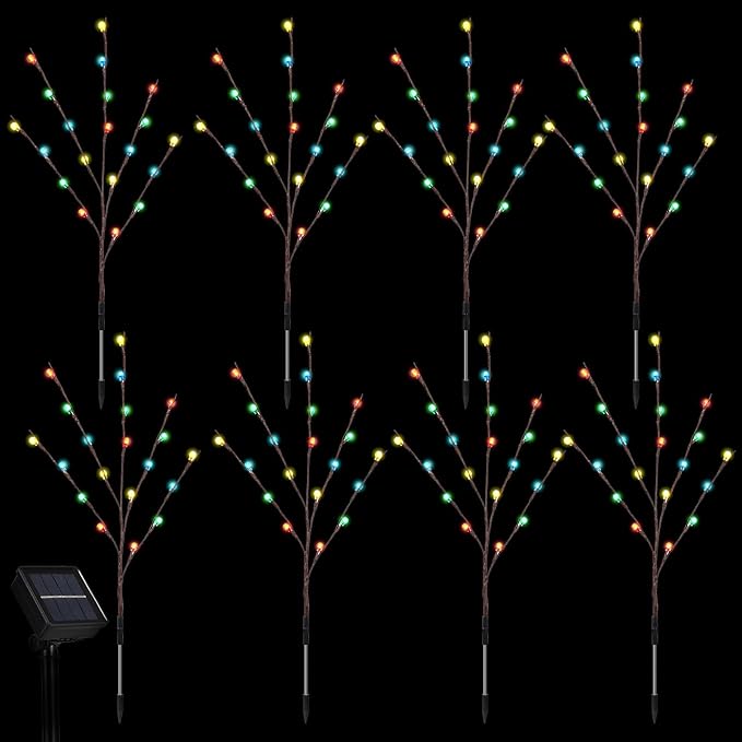 Retisee Garden Christmas Solar Lights - 2 Sets 8 Pcs LED Twig Stake Outdoor Decor - Solar Firefly Christmas Tree Light - 160 LED C6 Fairy Light for Lawn Pathway Xmas Yard Stake