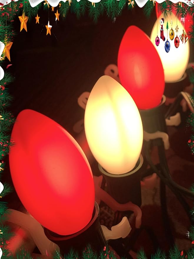 C9 LED Christmas Lights, 25Ft Vintage C9 Christmas Lights with 26 LED Ceramic Red White Bulbs, Hanging Connectable Xmas String Lights for Patio Garden Holiday Home Xmas Decor-Green Wire