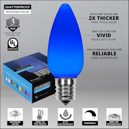C9 OptiCore LED Commercial Outdoor Christmas Lights – Heavy Duty Christmas String Lights; Wedding Christmas Lights; White Wire (25 Lights, 25 Ft, Blue Smooth/Opaque)