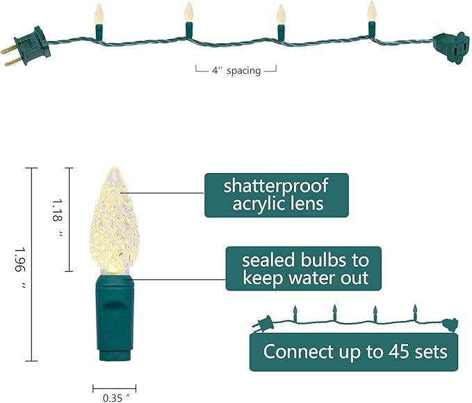 UL Listed 50 Count C6 Led Christmas Lights,C6 Strawberry Lights Bulbs,Outdoor Led String Lights for Garden Patio Halloween Christmas Trees Decoration,17 Feet Green Wire (Warm White)