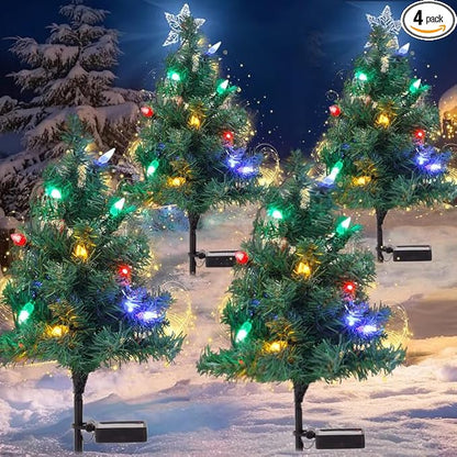 Solar Christmas Tree Lights Decorations- Christmas Outdoor Waterproof Xmas Tree Pathway Stake Lights with 20 Strawberry LED Lights in 4 Colors for Garden/Patio/Lawn/Yard,Ornament 4 Packs
