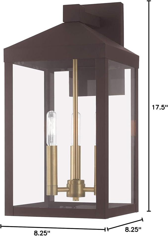Livex 20584-07 Transitional Three Light Outdoor Wall Lantern from Nyack Collection in Bronze/Dark Finish | Lumora