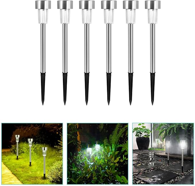 NUOBESTY 6pcs Solar Path Lights Outdoor Yard Landscape Lighting 55 Stainless Steel Waterproof White LED Garden Lawn Driveway Decorative Ground Stake