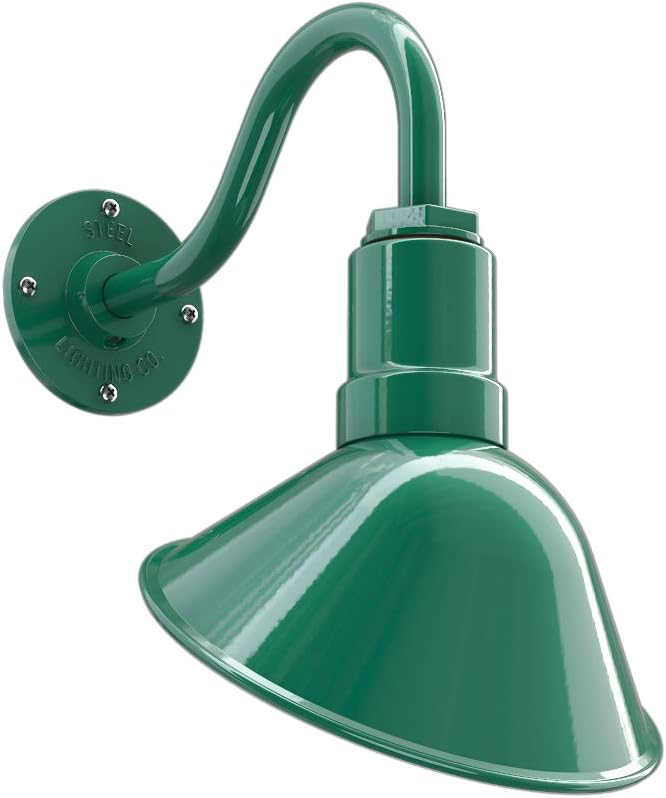 Steel Lighting Co. Venice Store Sign Light | for Outdoor Restaurant Accent Wall | 9 inch Dome | 11 inch Gooseneck | Made in America | Green Exterior/White Interior